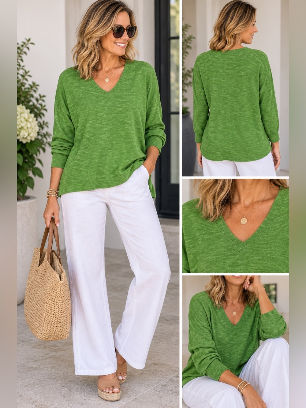 Eileen Fisher Green Organic Cotton Linen V-Neck Pullover Sweater Size Large